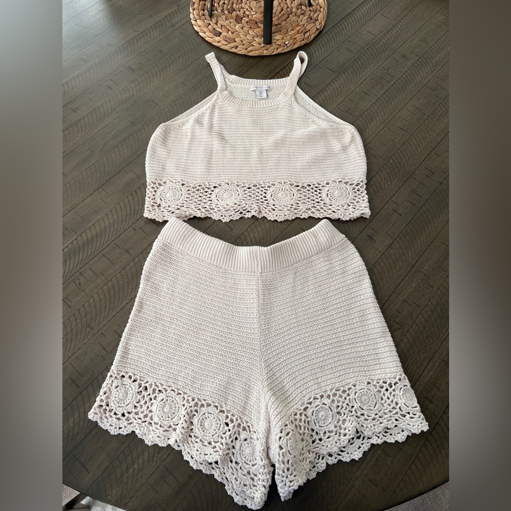 Sincerely Jules Beige Boho Knit Coord Sweater Shorts Set Sz XL LIKE NEW